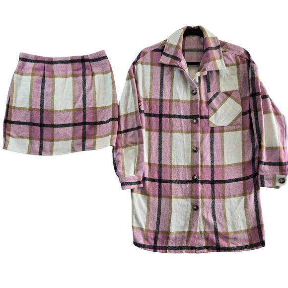 Womens‎ 4 Shacket Shirt Jacket Mini Skirt 2pc Outfit Preppy Pink Plaid Angelcore - Picture 2 of 11